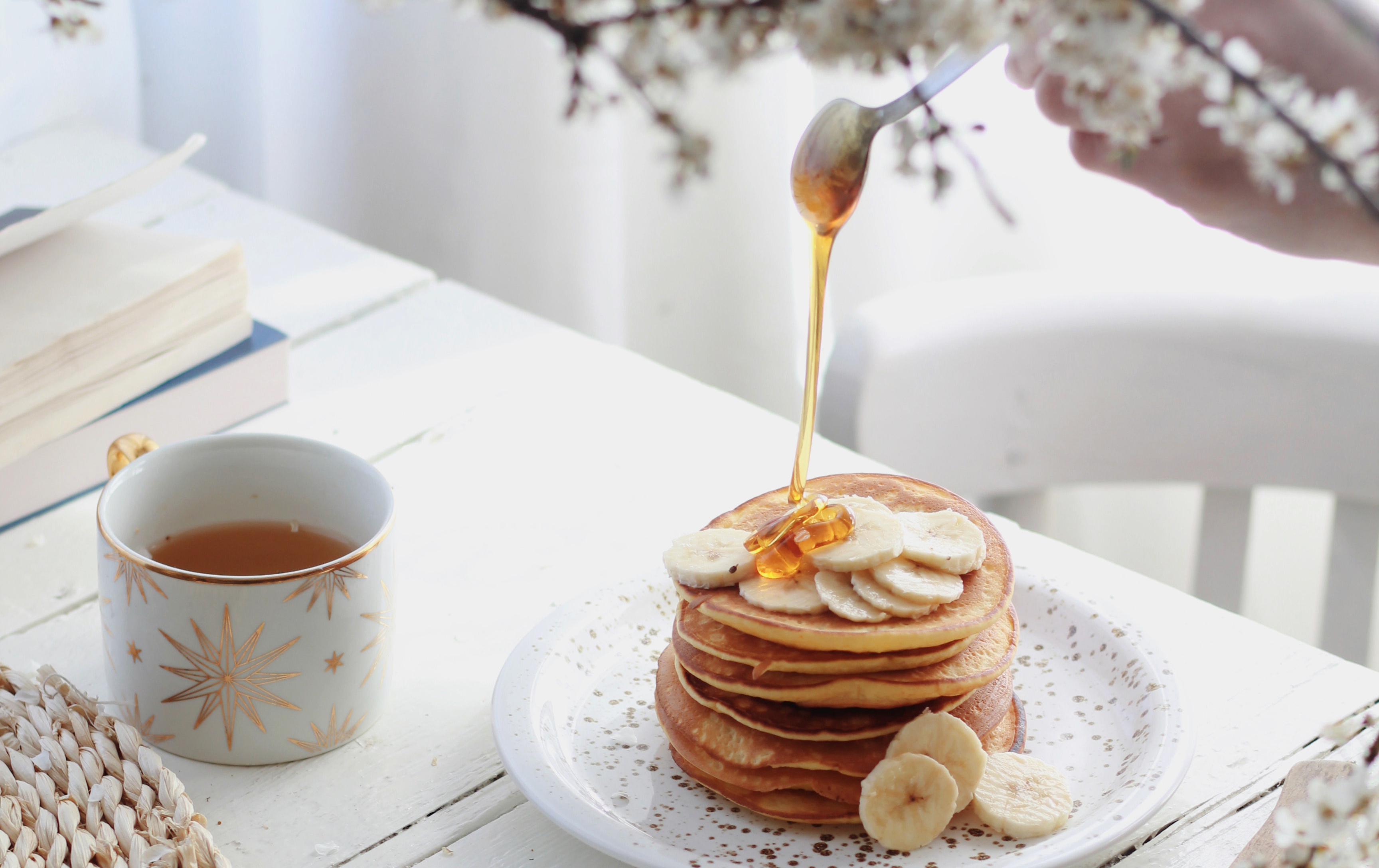 pancakes with banana slices and syrup pancakes with banana slices and syrup