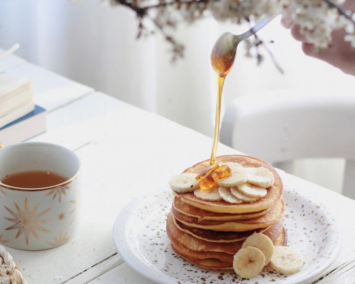 pancakes with banana slices and syrup pancakes with banana slices and syrup